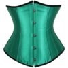 Emerald green satin corset top for women featuring a sleek silhouette and front clasp design