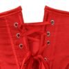 Close-up of a red satin corset top for women featuring lace-up design and metallic eyelets