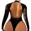 Black lace long sleeve crotchless bodystocking lingerie for seductive elegance and allure