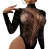 Black lace crotchless bodystocking lingerie with long sleeves and fishnet design for a seductive look