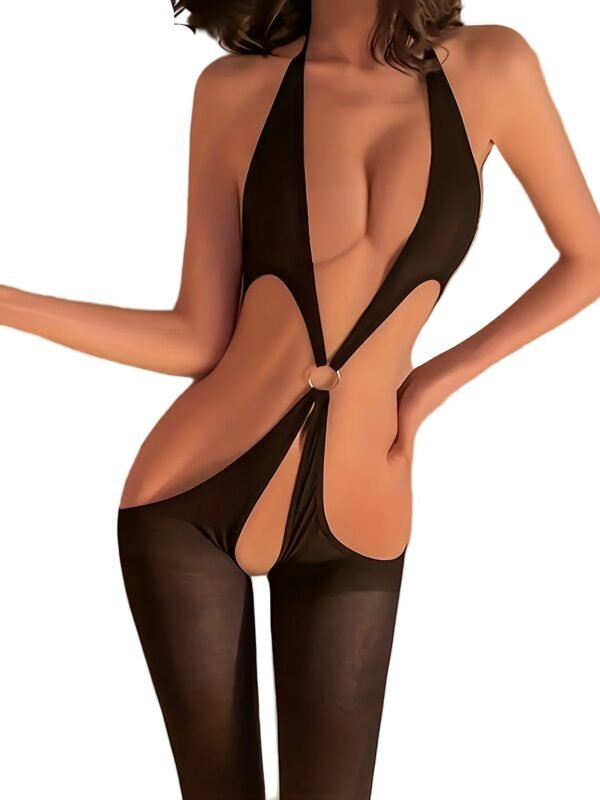 Front View of Sultry Deep V Mesh Bodystocking