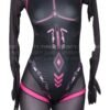 D.Va cosplay bodysuit for women featuring a sleek black design with pink accents and long sleeves