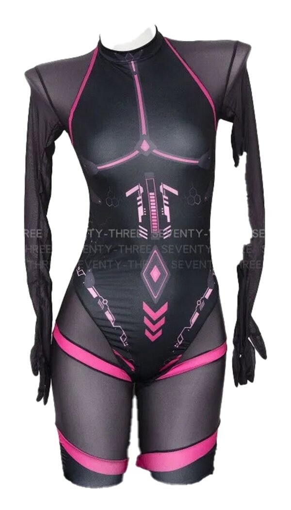 D.va Cosplay Bodysuit For Women 19 D.va Cosplay Bodysuit For Women D.Va cosplay bodysuit for women featuring a sleek black design with pink accents and long sleeves