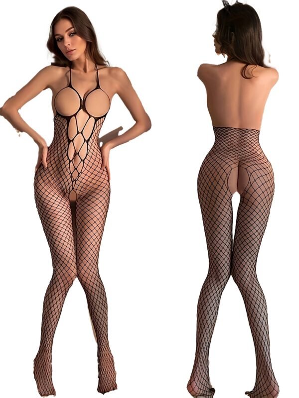 Side View of Halter Fishnet Bodystocking