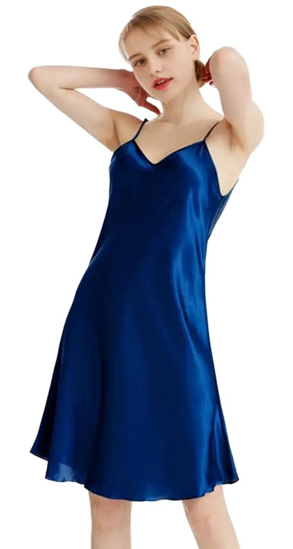 Elegant Satin Nightgown For Women 29 Elegant Satin Nightgown For Women Elegant satin nightgown for women in deep blue with spaghetti straps and a flowing silhouette