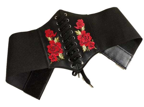 Fashion Corset Belt for Women Trendy Style 28 Fashion Corset Belt for Women Trendy Style LuckeLadybug fashion corset belt for women with black fabric and red floral embroidery design