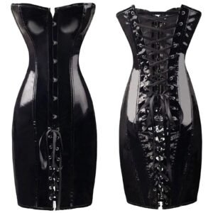 Faux leather corset dress in black with lace-up detailing and a fitted silhouette for a stylish look