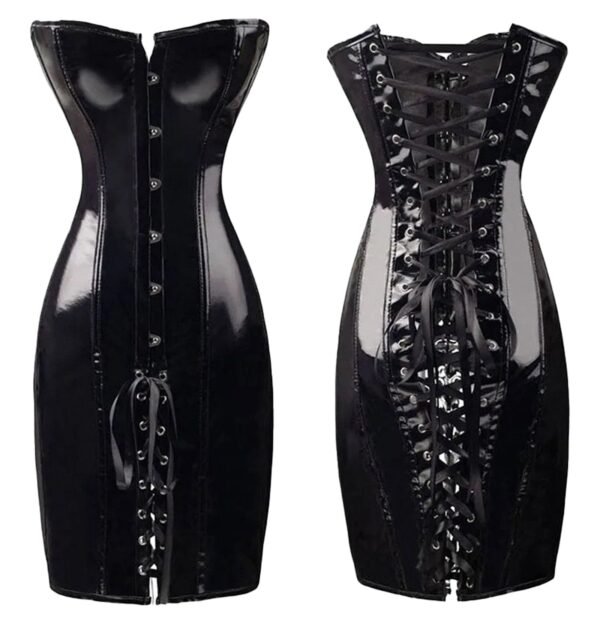 Black faux leather corset dress with front lacing and button detail for a stylish look