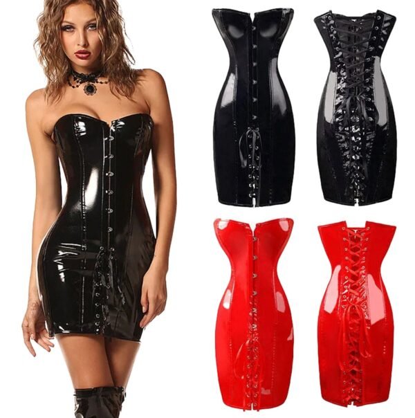 Faux leather corset dress in black, red, and glossy styles, highlighting its elegant silhouette and button details