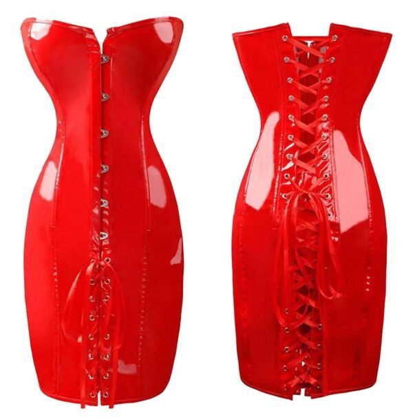 Bold red faux leather corset dress featuring a lace-up front design for a stunning silhouette