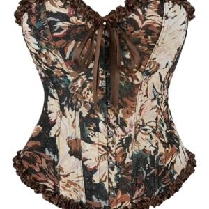 Floral Gothic Corset Top with Ruffled Edges and Lace-Up Front Style from LuckeLadybug LLC
