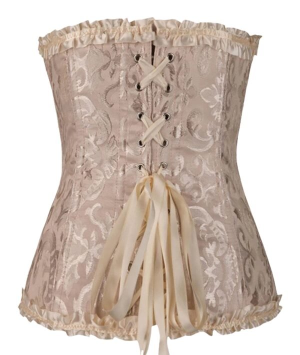Floral Lace Corset Top In Vibrant Colors 12 Floral Lace Corset Top In Vibrant Colors Floral lace corset top in beige with satin ribbon lacing and ruffled hem for a stylish look