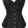 LuckeLadybug LLC Floral Lace Corset Top in Black with Ruffled Edges and Front Buttons