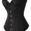 Black floral lace corset top with ruffled edges and front button closure for stylish fits