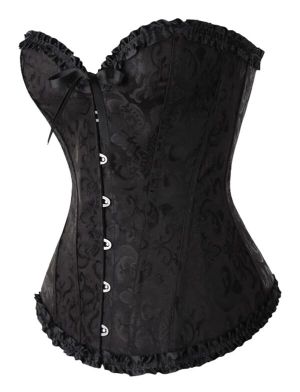 Floral Lace Corset Top In Vibrant Colors 8 Floral Lace Corset Top In Vibrant Colors Black floral lace corset top with ruffled edges and front button closure for stylish fits