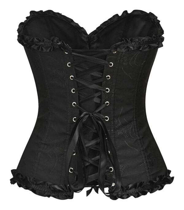 Black floral lace corset top for women with adjustable lace-up front and ruffled edges