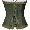Olive green floral lace corset top for women with lace-up back and ruffled trim
