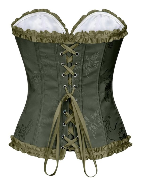 Olive green floral lace corset top for women with lace-up back and ruffled trim