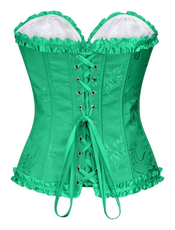 Green floral lace corset top for women featuring a decorative lace-up back and ruffled edges