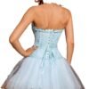 Back view of a light blue floral lace corset top for women with lace-up design and tulle skirt