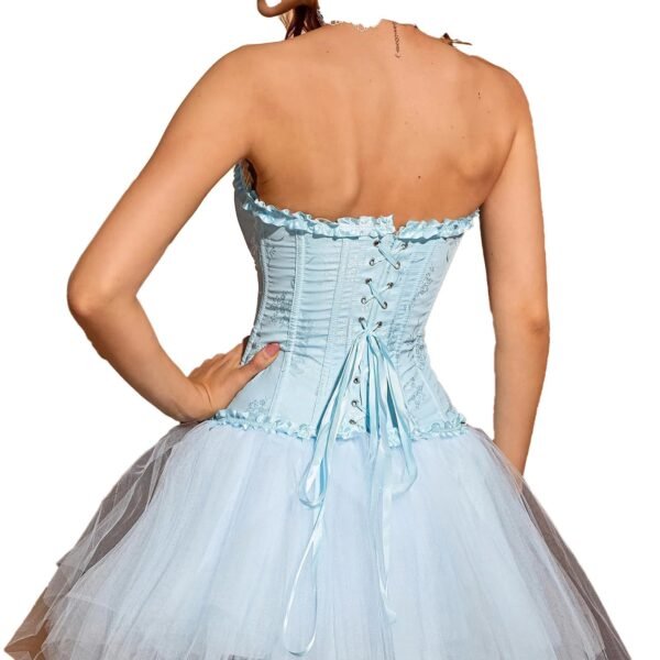 Back view of a light blue floral lace corset top for women with lace-up design and tulle skirt