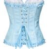 Light blue floral lace corset top for women with ruffled edges and lace-up back design