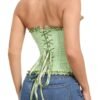 Back view of a green floral lace corset top for women featuring a laced design and frilled edges