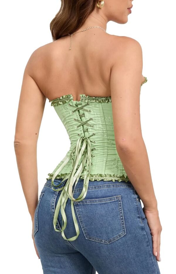 Back view of a green floral lace corset top for women featuring a laced design and frilled edges
