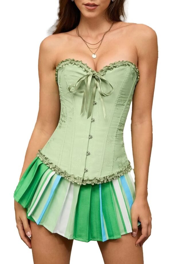 Green floral lace corset top for women with a stylish design and ruffled edges