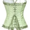 Elegant green floral lace corset top for women with ruffled edges and lace-up back detail