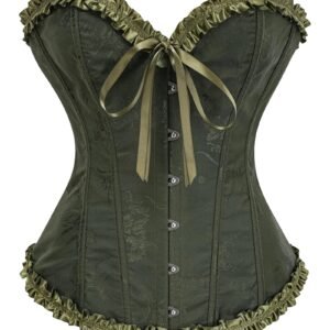 Olive green floral lace corset top for women with satin ribbon and decorative ruffles