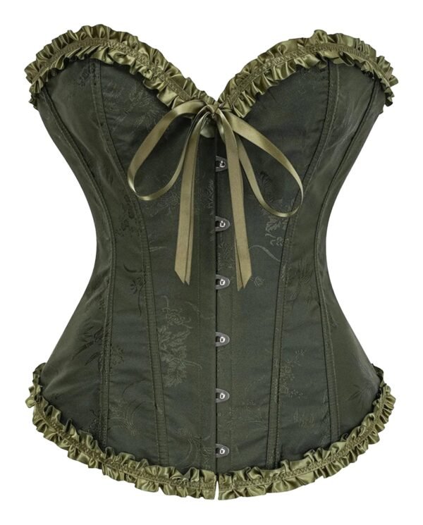 Olive green floral lace corset top for women with satin ribbon and decorative ruffles