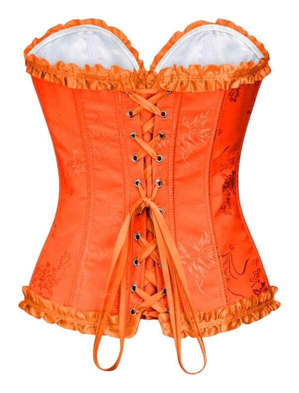 Bright orange floral lace corset top for women with ruffled edges and lace-up back detail