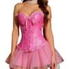 Pink floral lace corset top for women with a tulle skirt and elegant design details