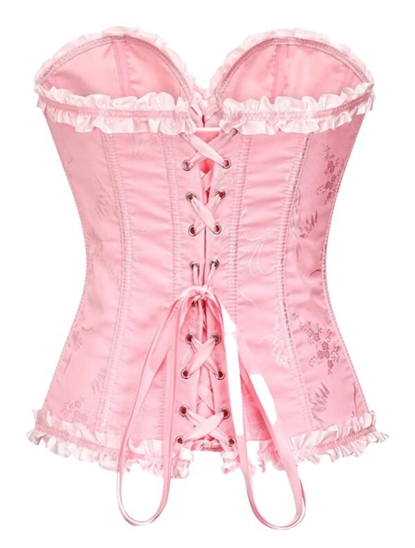 Pink floral lace corset top for women with ruffle trim and lace-up back design