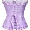 Lavender floral lace corset top for women with ruffled edges and adjustable lacing