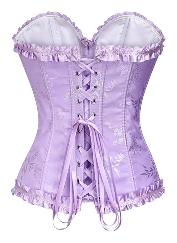 Lavender floral lace corset top for women with ruffled edges and adjustable lacing