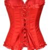 Red floral lace corset top for women with ruffle detail and lace-up back for a flattering fit