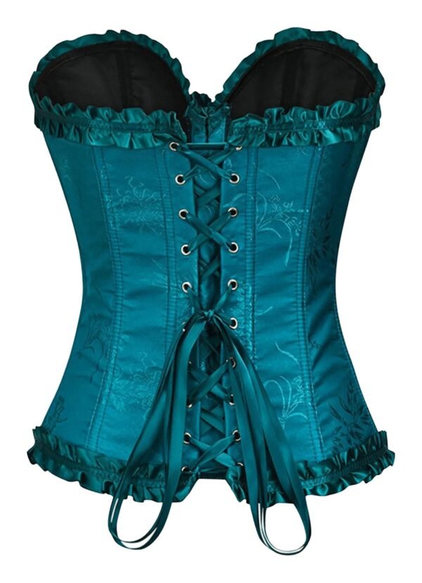 Teal floral lace corset top for women with lace-up back and ruffled edges
