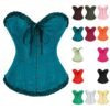 Teal floral lace corset top for women with ruffled edges and front buttons in various colors