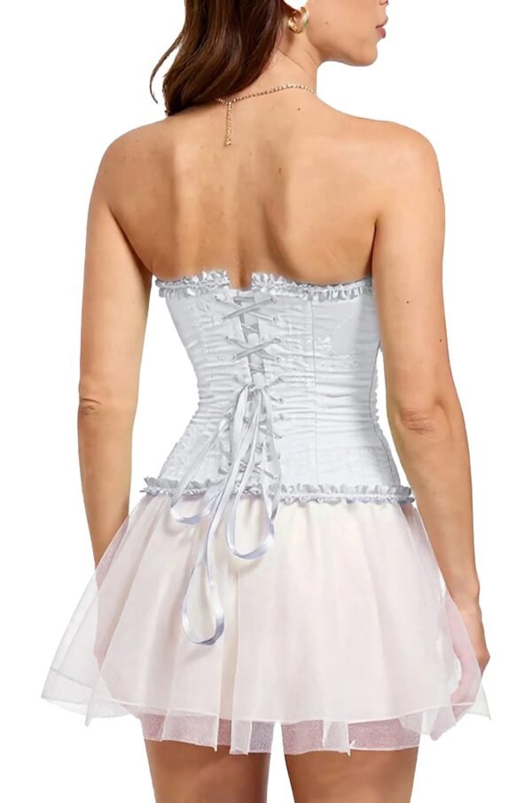 Elegant white floral lace corset top for women with a flared skirt and lace-up back detail