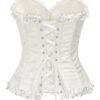 Elegant white floral lace corset top for women with ruffled edges and lace-up back detail