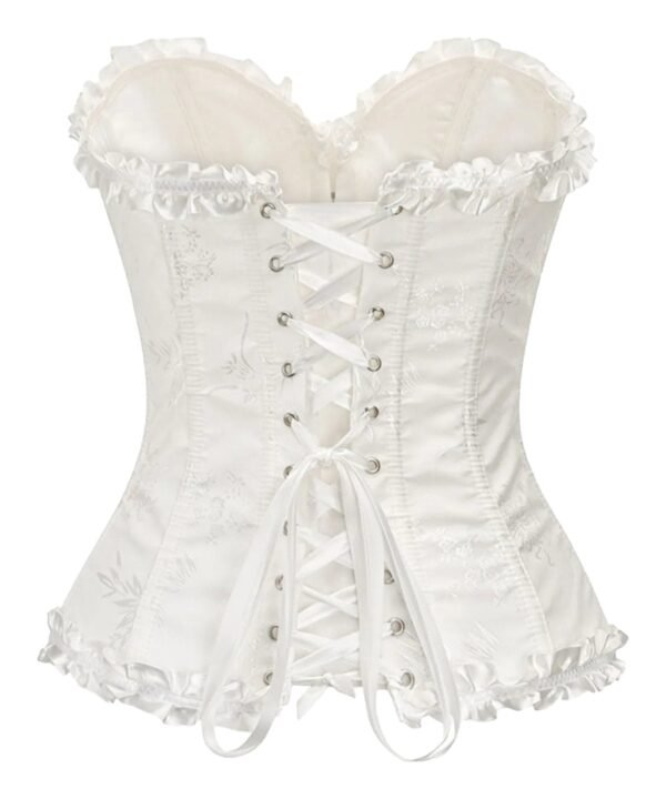 Elegant white floral lace corset top for women with ruffled edges and lace-up back detail