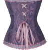 Elegant floral lace corset top in purple with pink ruffles and lace-up back for a flattering silhouette