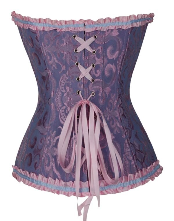 Floral Lace Corset Top In Vibrant Colors 21 Floral Lace Corset Top In Vibrant Colors Elegant floral lace corset top in purple with pink ruffles and lace-up back for a flattering silhouette