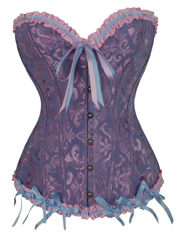 Floral Lace Corset Top In Vibrant Colors 19 Floral Lace Corset Top In Vibrant Colors Floral lace corset top in purple with pink trim and ribbon detailing for a chic, stylish look