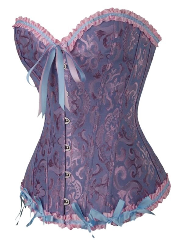 Floral Lace Corset Top In Vibrant Colors 20 Floral Lace Corset Top In Vibrant Colors Purple floral lace corset top with ruffled trim and ribbon accents for a stylish look