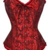 Stylish red floral lace corset top with ruffled edges and lace-up front for a flattering fit