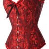 Elegant red floral lace corset top with button closure and ruffled edges from LuckeLadybug LLC