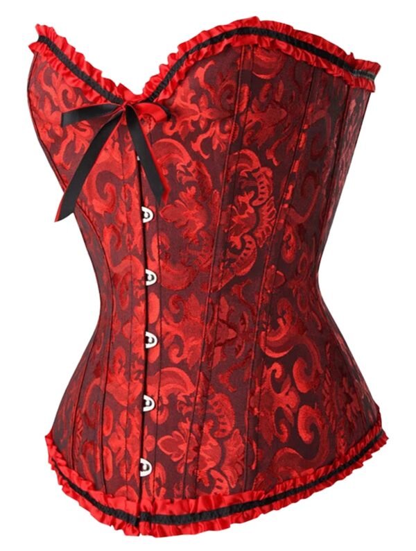 Floral Lace Corset Top In Vibrant Colors 14 Floral Lace Corset Top In Vibrant Colors Elegant red floral lace corset top with button closure and ruffled edges from LuckeLadybug LLC